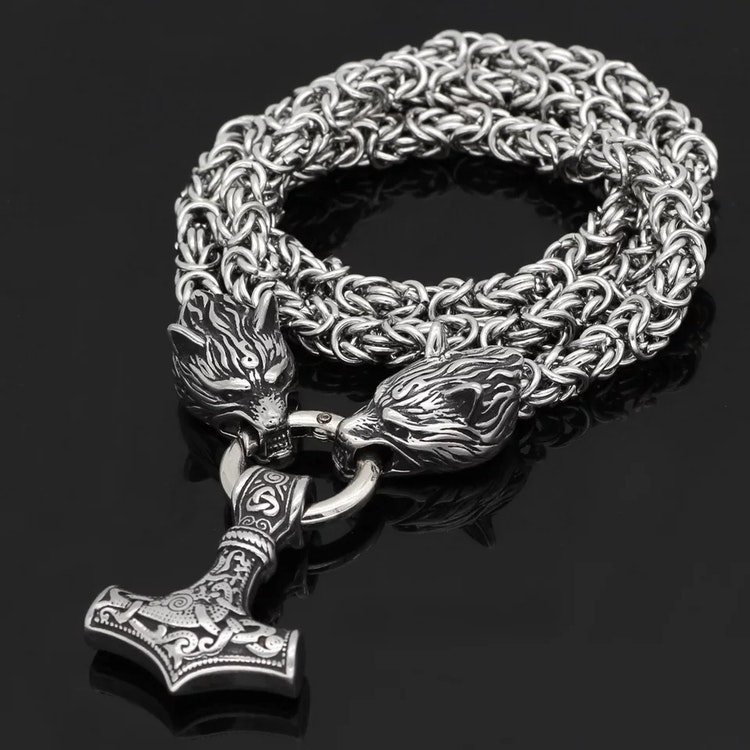 Halsband Viking Thors hammare i silver med kungslänk 60 cm