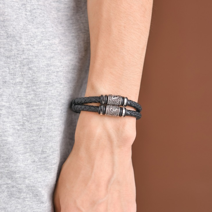 Armband Valknut Läder Svart ( Pu) Dubbelt. 21 cm