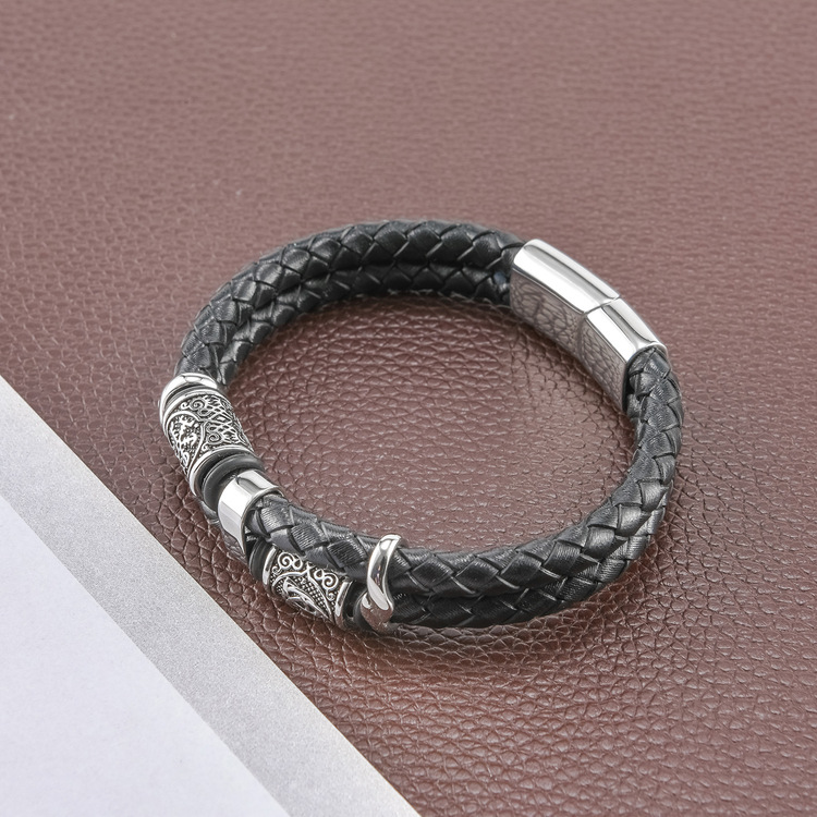 Armband Viking Valknut Läder Svart ( Pu) Dubbelt 21 cm
