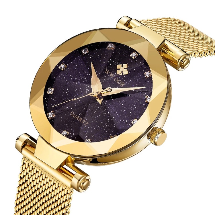 Wwoor Diamond Starry Sky. Dark purple / Gold. Mesh Gold. Japan Quartz