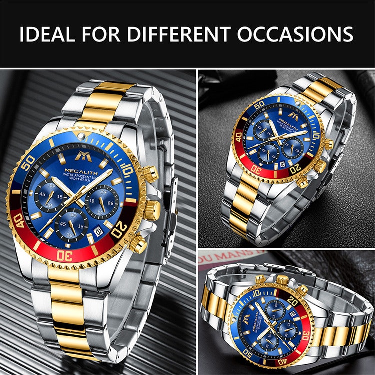 Herrklocka Megalith Chronograph De Lux. Steel / Gold / Blue / Red