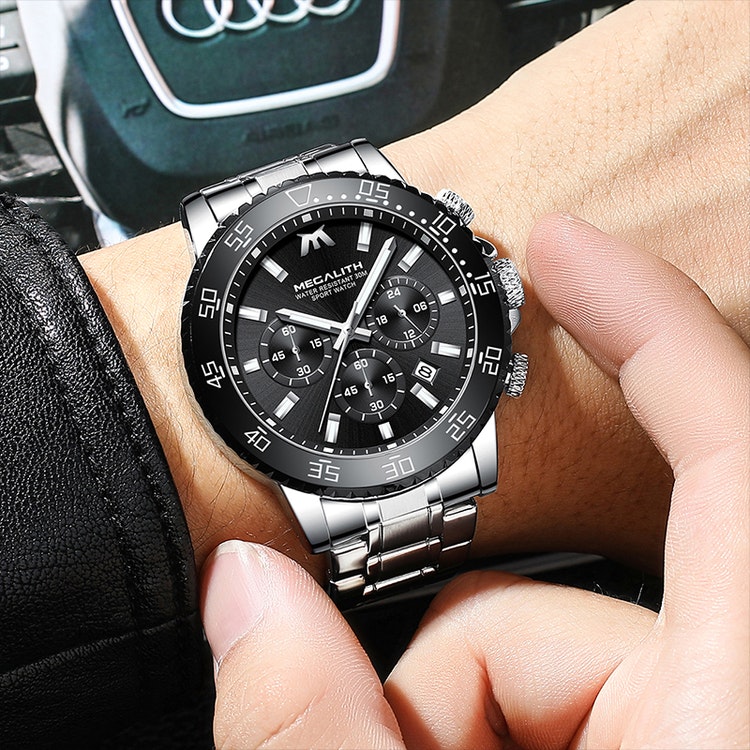 Herrklocka Megalith Chronograph De lux Optimal.Steel / Black / Steel