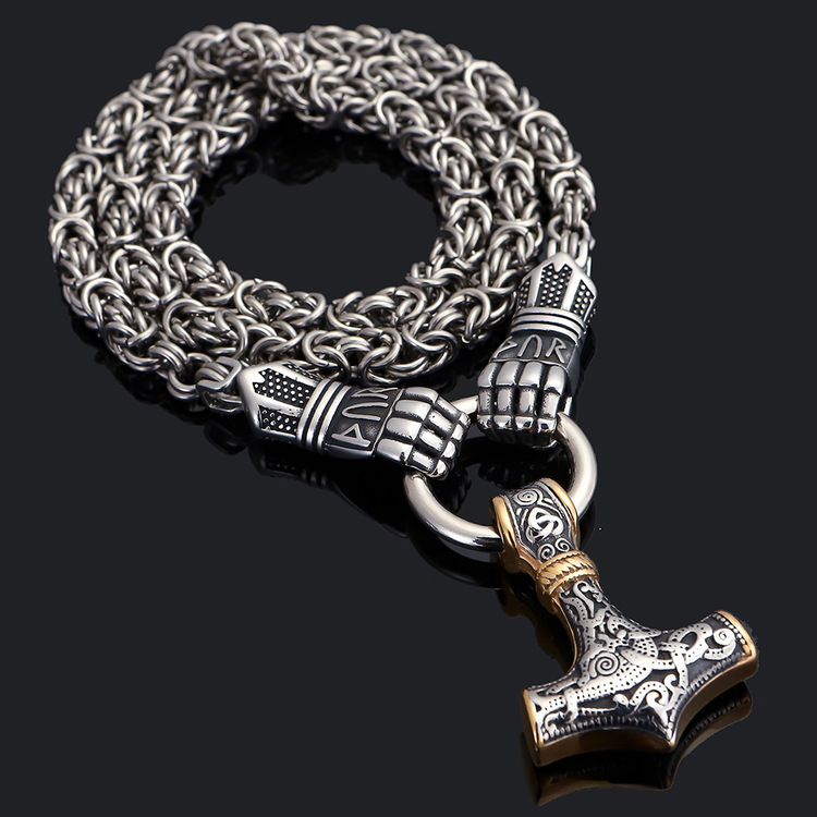 Halsband Viking Thors Hammare Stålhandske. Kungslänk. 60 cm