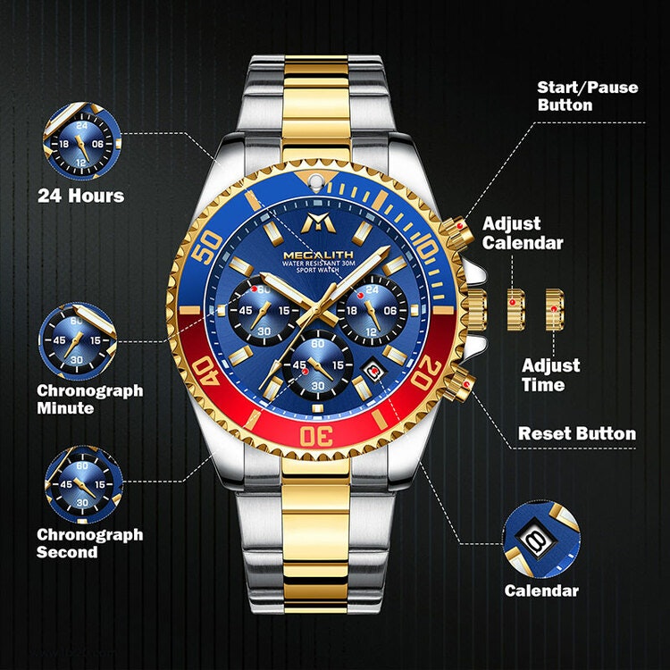 Herrklocka Megalith Chronograph De Lux. Steel / Gold / Blue / Red