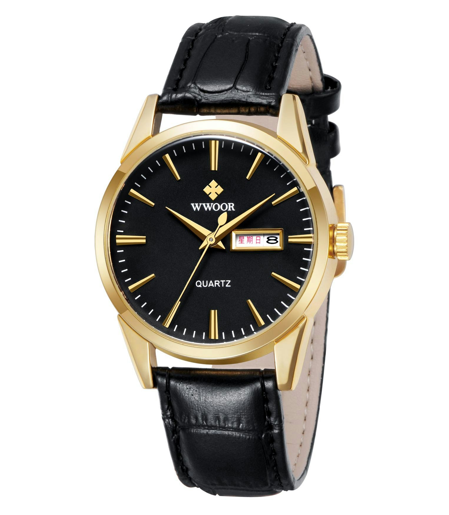 Herrklocka Wwoor Trend Gold / Black / Black Leather, Quartz Japan