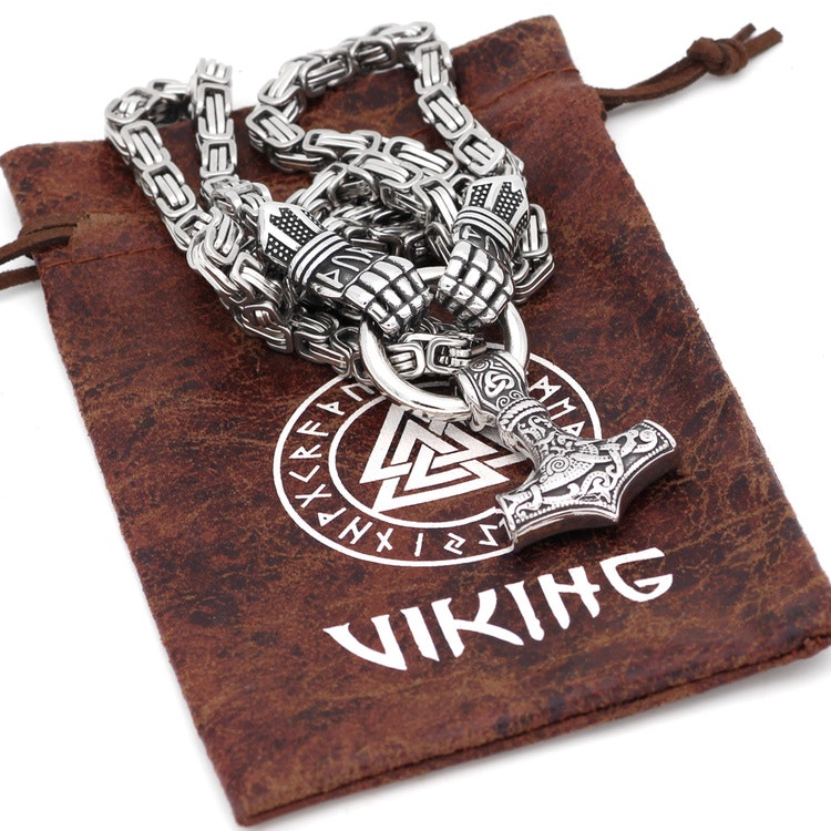 Halsband Viking Thors Hammare. Stålhandske. Kejsarlänk 60 cm