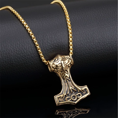 Halsband Viking Mjölner 15 Guldfärgad hammare och länk 60 cm vikingasmycke