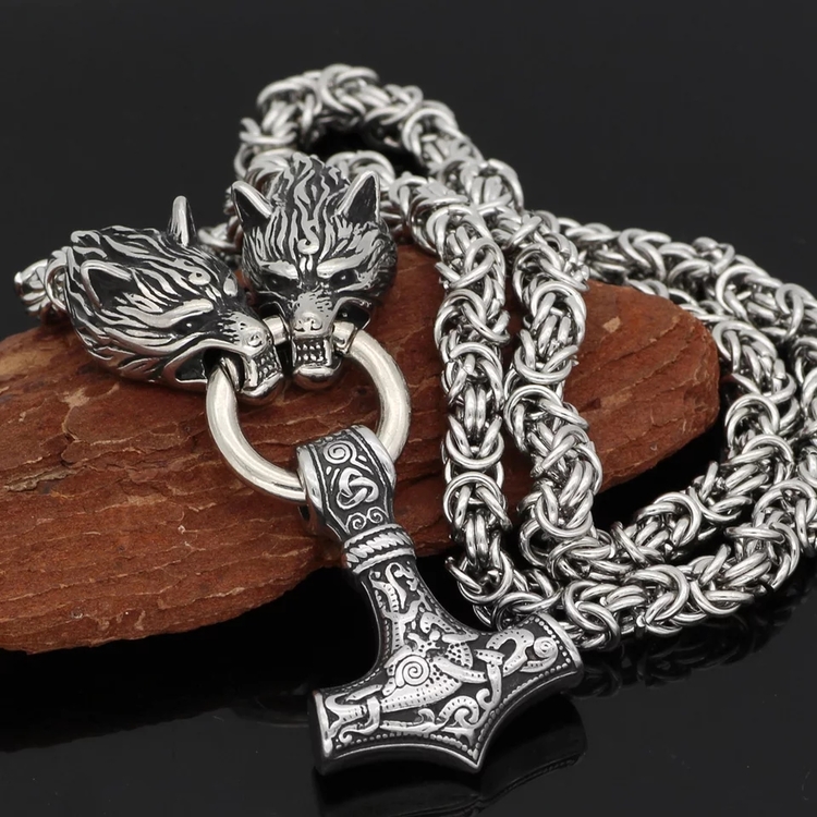 Halsband Viking Thors hammare i silver med kungslänk 60 cm