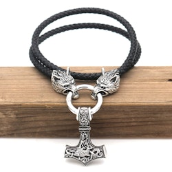 Halsband Viking Wolf-Thors hammare. Silver färgad .Läderrem 60 cm