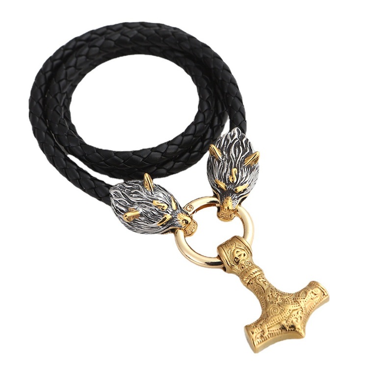 Halsband Wolf- Thors hammare Gold Special. Läderrem 60 cm
