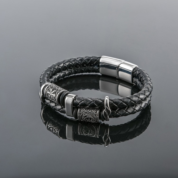 Armband Viking Valknut Läder Svart ( Pu) Dubbelt 21 cm