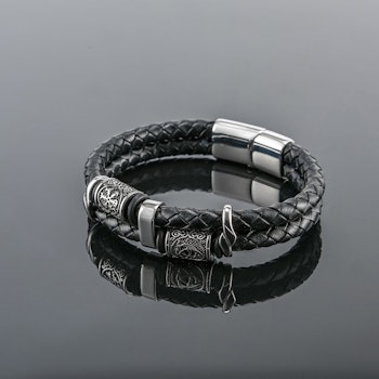 Armband Viking Valknut Läder Svart ( Pu) Dubbelt 21 cm