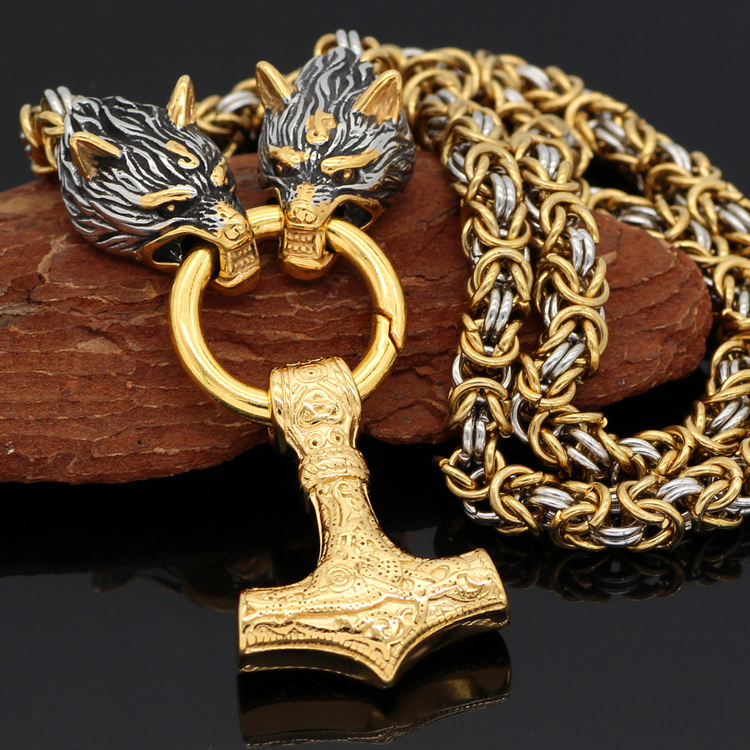 Halsband Viking Thors Hammare Gold Special. Kungslänk Silver / Gold. 60 cm