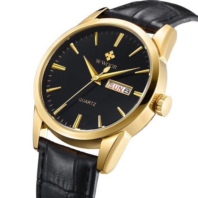 Herrklocka Wwoor Trend Gold / Black / Black Leather, Quartz Japan