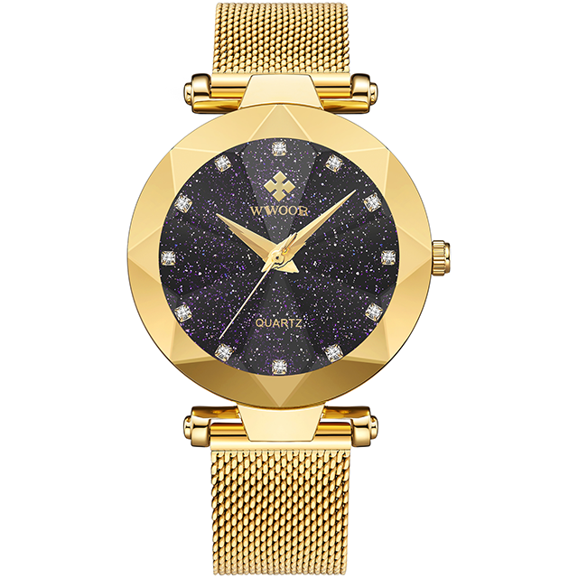 Wwoor Diamond Starry Sky. Dark purple / Gold. Mesh Gold. Japan Quartz