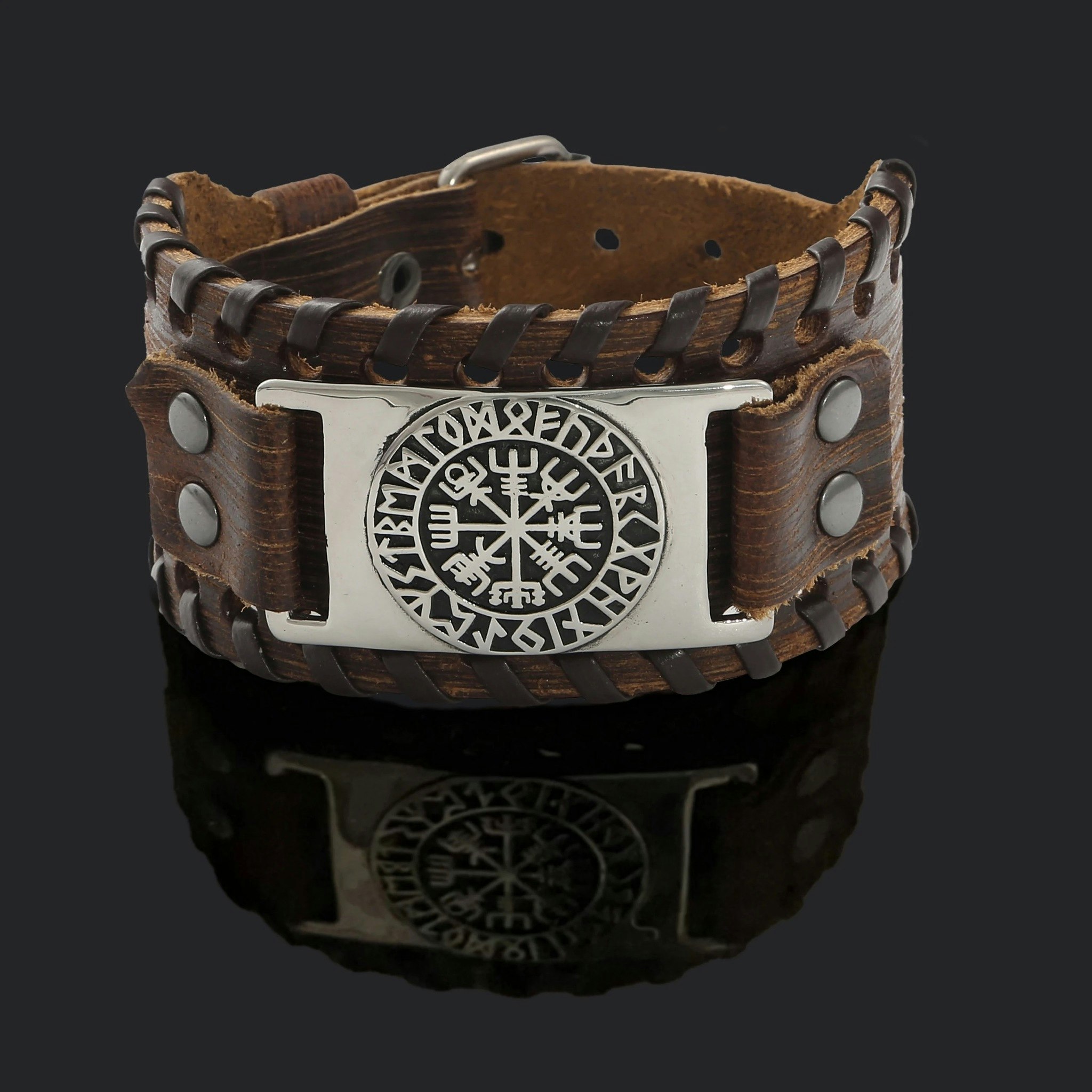 Läderarmband Viking Brunt Futhark Silver / Brunt