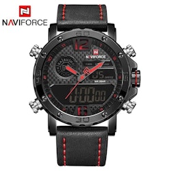 Herrklocka NaviForce Sport Luxury. Black / Red  Leather Black. Analog / Digital. Quartz Japan