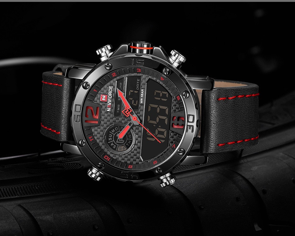 Herrklocka NaviForce Sport Luxury. Black / Red  Leather Black. Analog / Digital. Quartz Japan