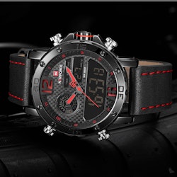 Herrklocka NaviForce Sport Luxury. Black / Red  Leather Black. Analog / Digital. Quartz Japan