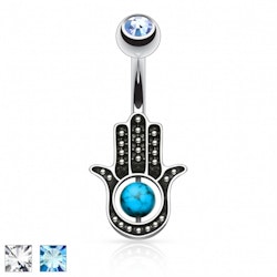 Navelpiercing med turkos hamsa hand