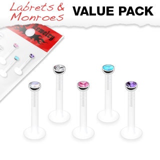 5 pack Bioflex labret med ädelsten