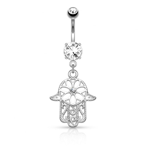 Navelpiercing med broderad hamsa hand