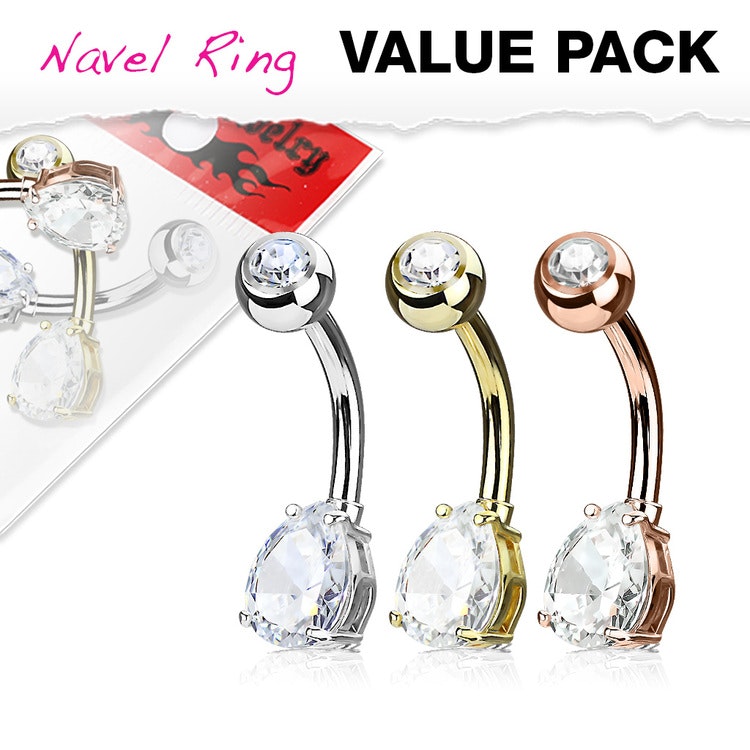 Navelpiercing 3-pack med cz stenar