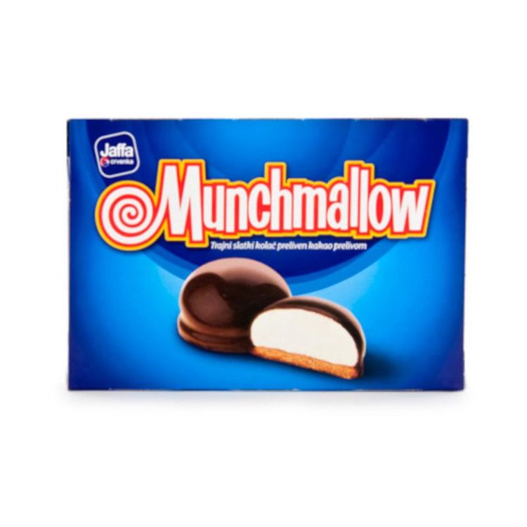 Munchmallow är frasiga kex med fluffig marshmallow på insidan och chokladöverdrag.