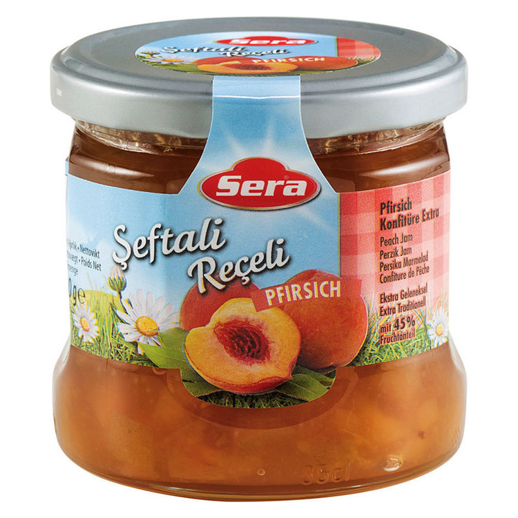 Njut av persikomarmeladen på din smörgås eller pannkaka. Tillverkad av Turkiets mest kända varumärke; Sera. Produkt av Turkiet.