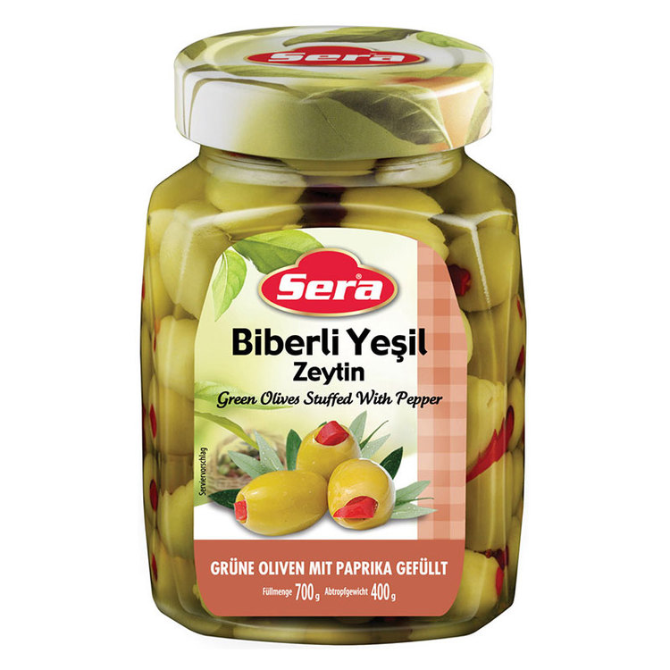 Turkiska gröna oliver med paprika från Sera. Produkt från Turkiet. Best Turkish Olives Products Brand.