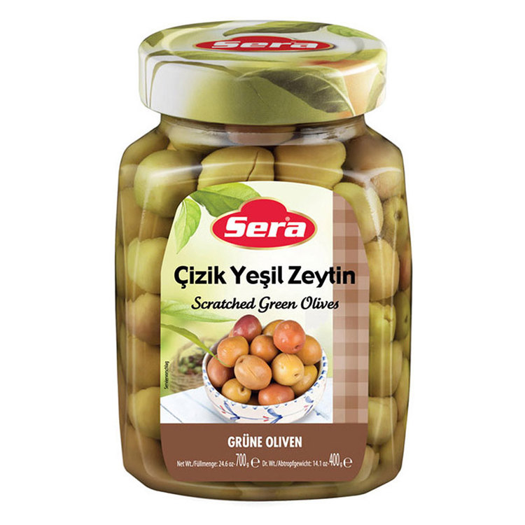 Turkiska gröna snittade oliver från Sera. Produkt från Turkiet. Best Turkish Olives Products Brand.