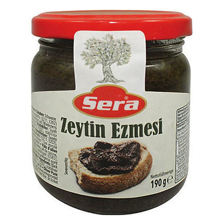 Mild svarta oliver tapenade från Sera. Produkt av Turkiet.
