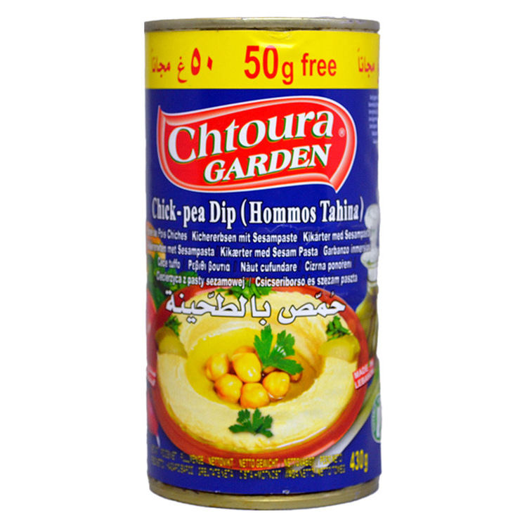 Hummus från libanesiska märket Chtoura Garden. Hummus är en röra gjord på två huvudingredienser: kikärtor och tahini. Kikärtsröran är en väldigt populär maträtt i Mellanöstern och som även blivit allt