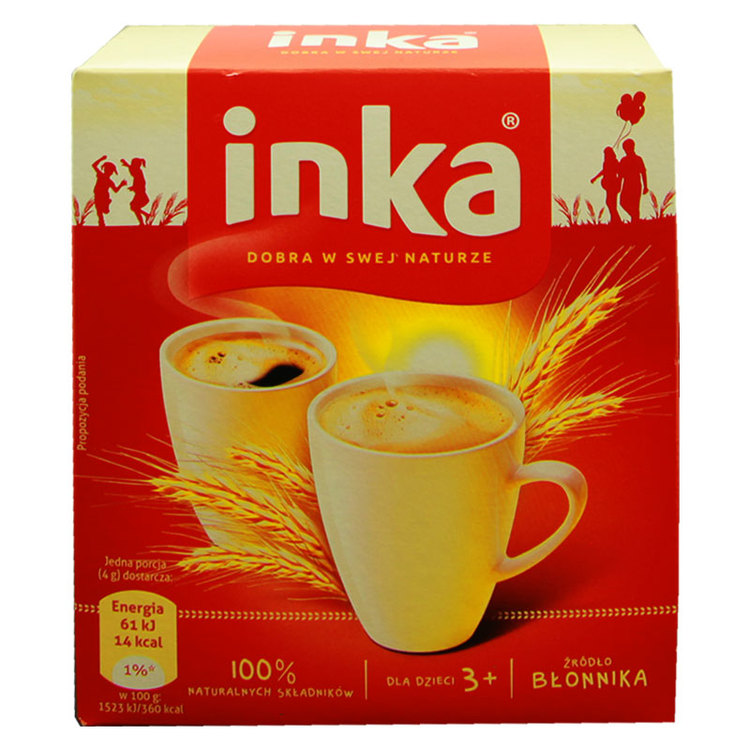 Inka kornkaffe - koffeinfritt - En rostad blandning av råg, korn, cikoria och sockerbetor. Koffeinfritt kornkaffe Inka utvecklades i slutet av 1960-talet under kommunistisk styre och har producerats i