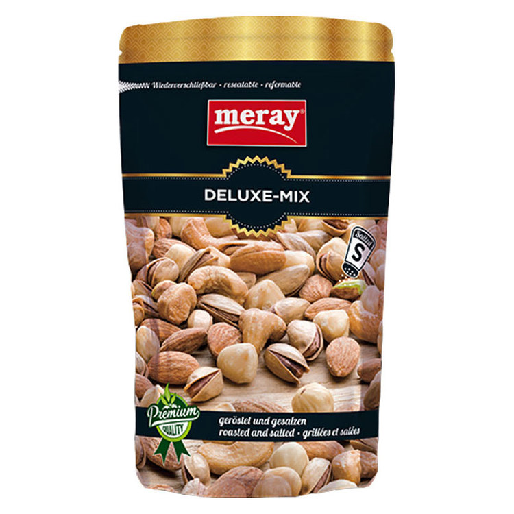 Merays deluxe cocktailmix innehåller olika torkade frukter och nötter. Inkluderar mandlar, cashewnötter, hasselnötter och pistaschnötter. En unik och mycket ädel smak!