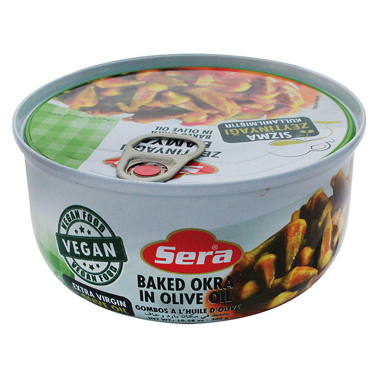 Ätfärdig okra i olivolja från Sera. Vegan. Produkt av Turkiet. Okra är rik på näringsämnen, eftersom de innehåller vitamin C och K, såväl som avsevärda mängder magnesium.
