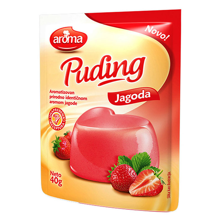 Pudding-pulver med jordgubbssmask  från Aroma, Häll puddingen i ett glas eller i ditt serveringsönskemål. Ställ i kylen och låt stelna i ca 4 timmar. Toppa gärna med riven choklad och servera desserte