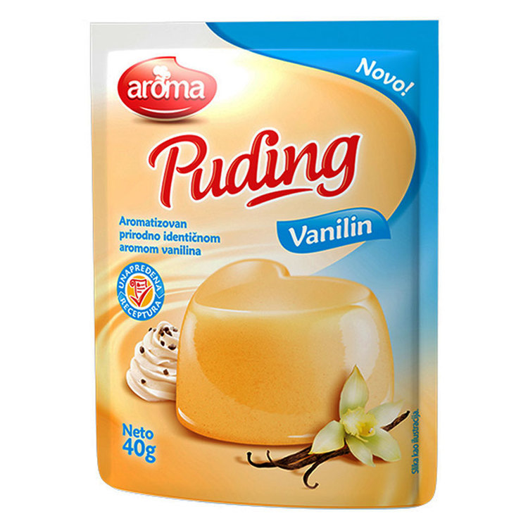 Pudding-pulver med vaniljsmak från Aroma, Supergod pudding till bakning eller bara servera som delikatess! Häll vaniljpuddingen i ett glas och ställ i kylen och låt stelna i ca 4 timmar. Toppa gärna m