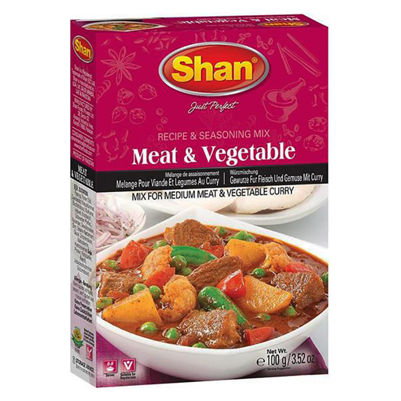 Shan Meat & Vegetable kryddmix är en kryddmix som är utformad för att ge en härlig och medium stark smak till kött- och grönsakscurry. Denna kryddmix är mångsidig och kan användas för att tillaga olik