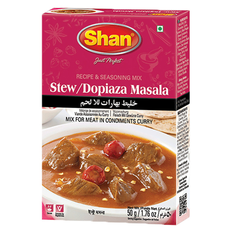 Shan Stew/Dopiaza Masala är en kryddmix som är utformad för att ge en klassisk indisk smak till köttcurry. Denna kryddmix är särskilt lämplig för att göra Stew eller Dopiaza, två populära indiska kött