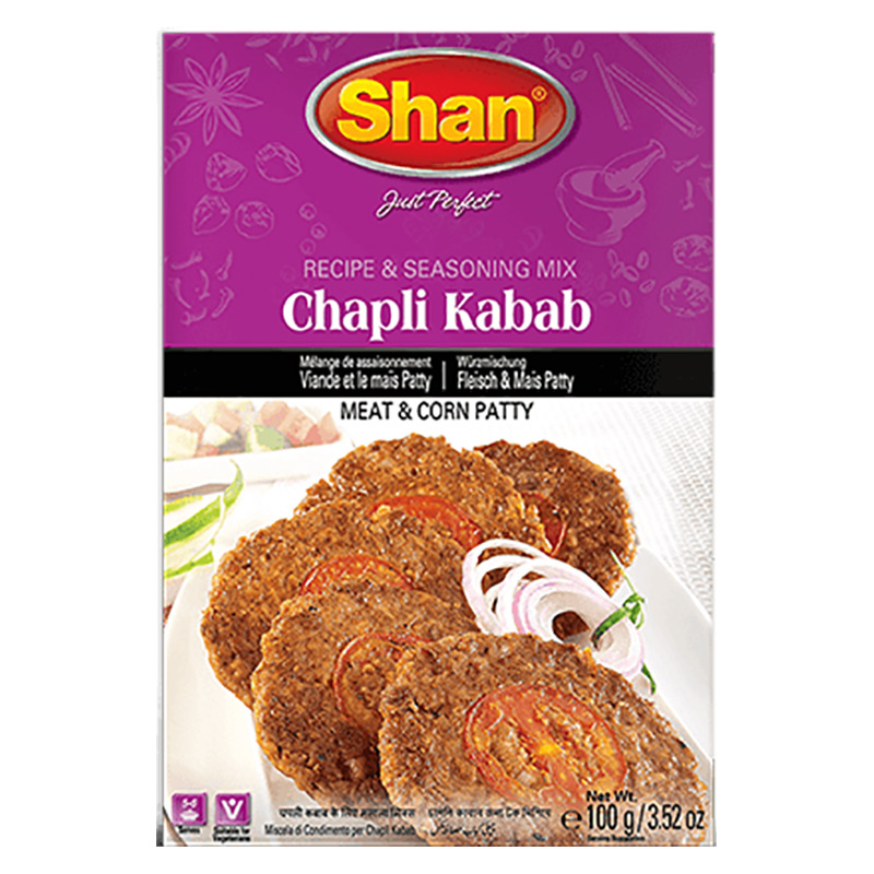 Chapli kabab, eller Chapli kebab, är en slags kött- och majspatty som är väldigt populär gatumat i många delar av Pakistan, Indien och Bangladesh. Shan Chapli Kabab Mix låter dig uppleva den autentisk