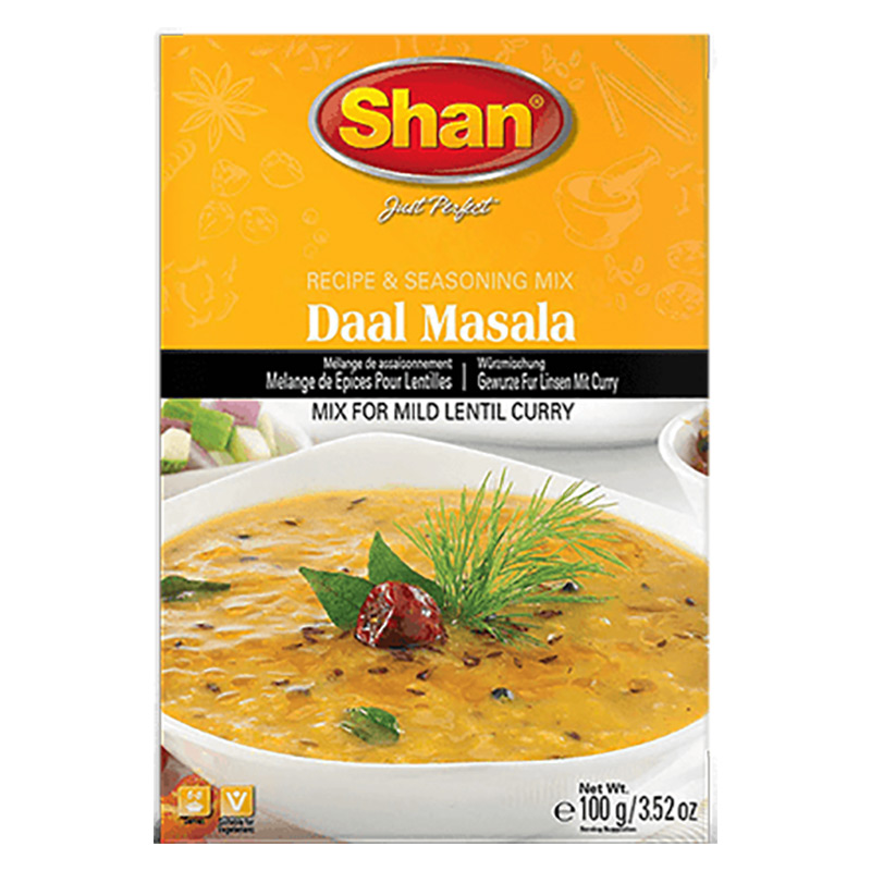 Shan Daal Masala innehåller en perfekt blandning av kryddor som bidrar till den autentiska smaken av Daal. Kryddmixen kan innehålla ingredienser som spiskummin, koriander, gurkmeja, ingefära, vitlök o