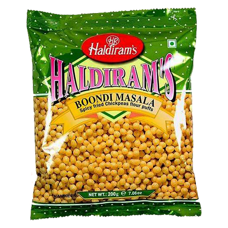 Haldiram's Boondi Masala snacks är en kryddig variant av boondi, som är små puffar gjorda av kikärtsmjöl. Dessa puffar är ofta använda som en viktig ingrediens i indiska raita, en yoghurtsås som vanli