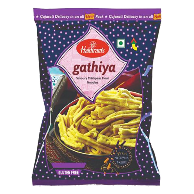Haldiram's Gathiya, lättsaltade kikärtsnudlar. Glutenfria.