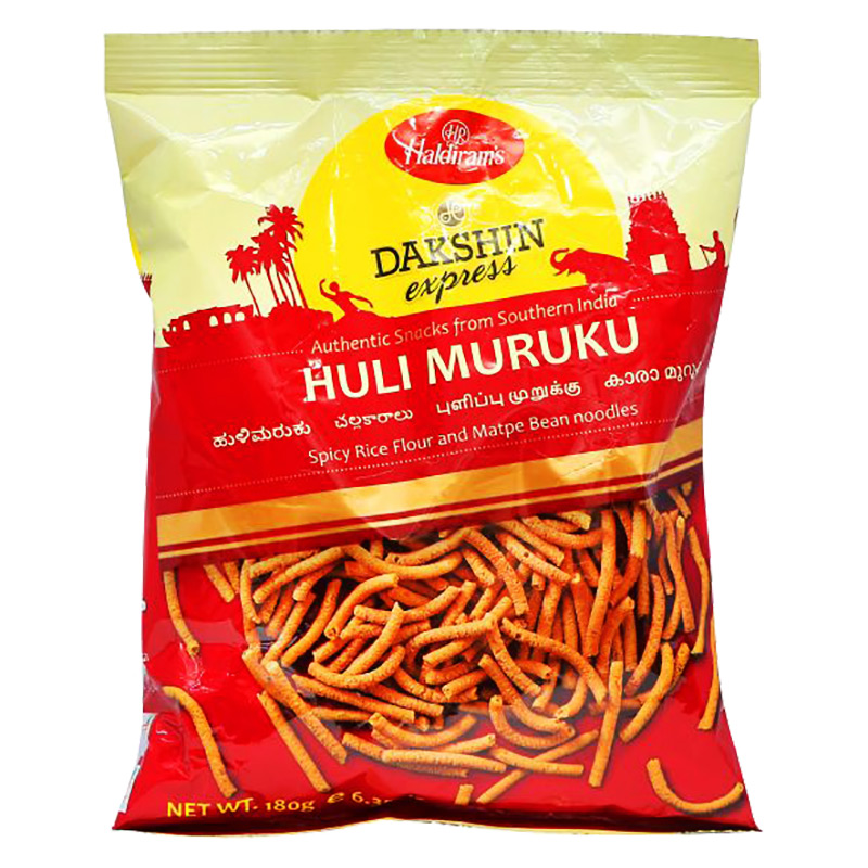 Haldiram's Huli Muruku är ett kryddigt snacks av ris- och bönnudlar. Autentiskt snacks från södra Indien.