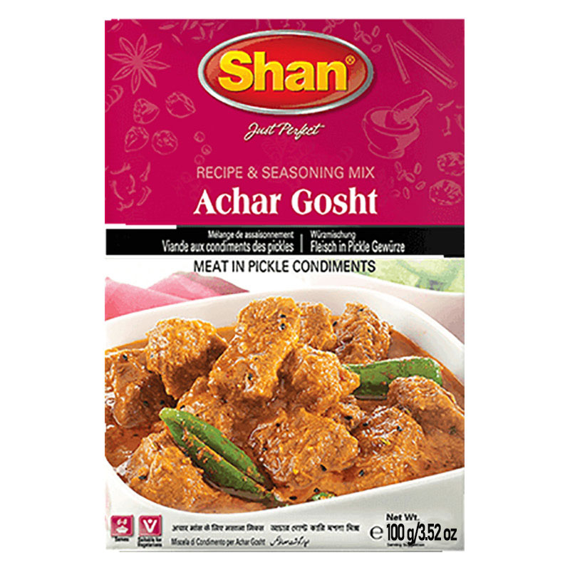 Shan Achar Gosht Mix är en kryddmix som hjälper dig att förbereda den traditionella och smakrika rätten Achar Gosht hemma. Achar Gosht är en populär köttgryta från det indiska subkontinentet som är kr