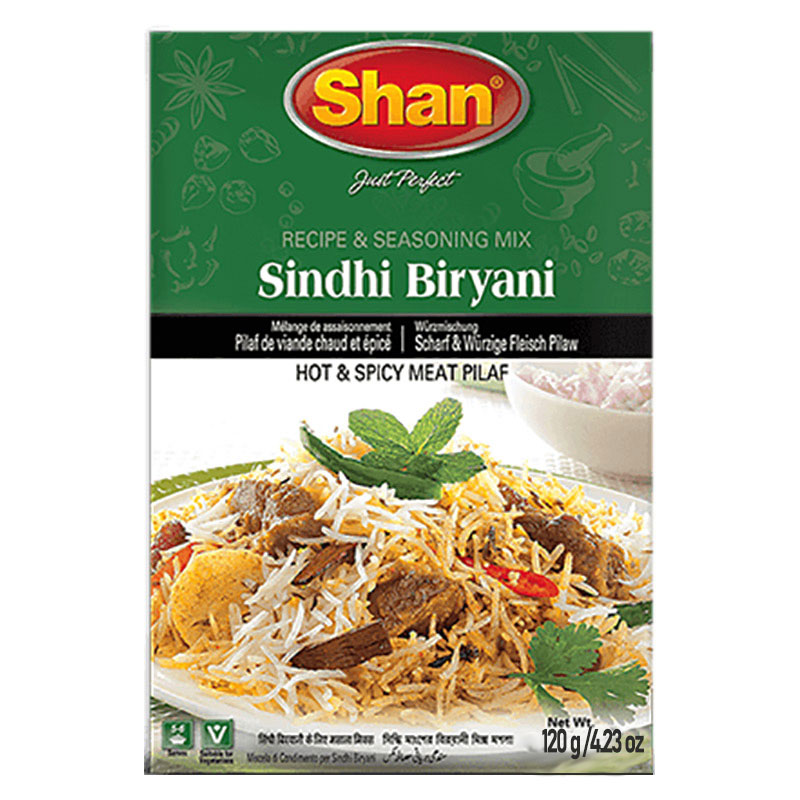 Sindhi Biryani är en het och kryddig köttpilaff. Shan Sindhi Biryani Mix har en klassisk blandning av traditionella kryddor som hjälper dig att göra läcker och kryddig biryani hemma.