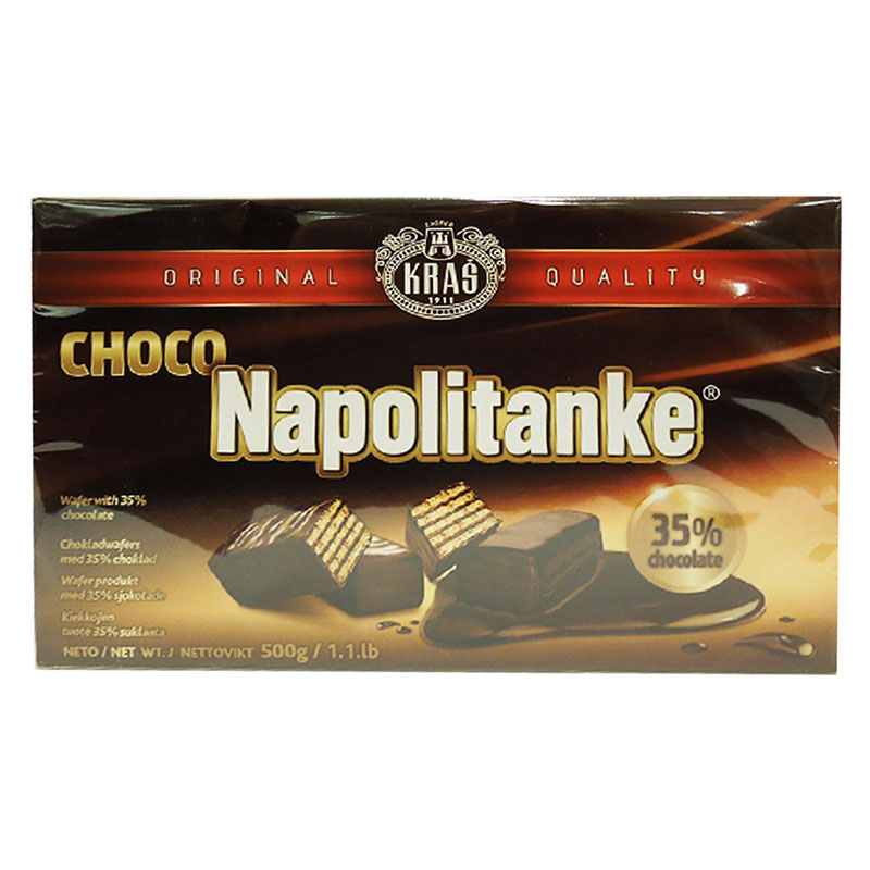 Wafers med härlig chokladfyllning 47% och chokladöverdrag 35%. Produkt från Kroatien. Minst 48% kakao i chokladöverdrag och minst 36,5% kakao i choklad.