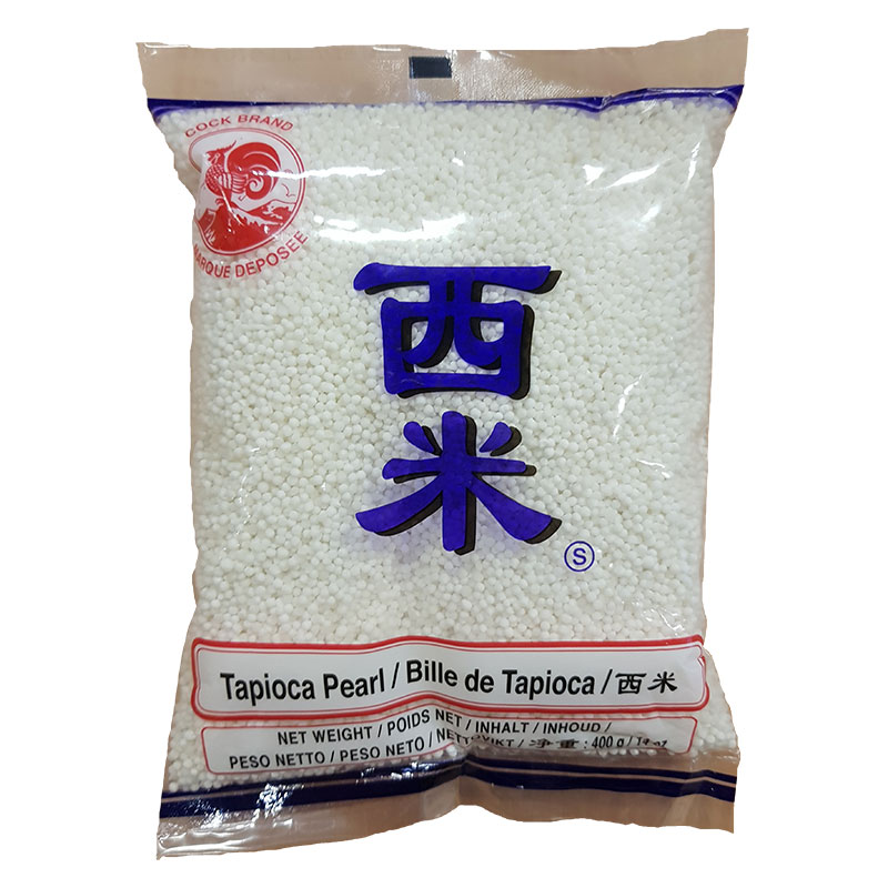 Små tapiokapärlor från Cock Brand. Pärlorna kan användas som förtjockningsmedel i asiatiska efterrätter som tapioka pudding och fruktkrämer. Vanligast är att använda dem i bubbel te.