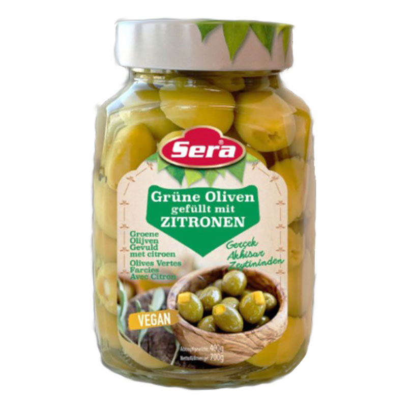 Gröna oliver med citron. Produkt av Turkiet.